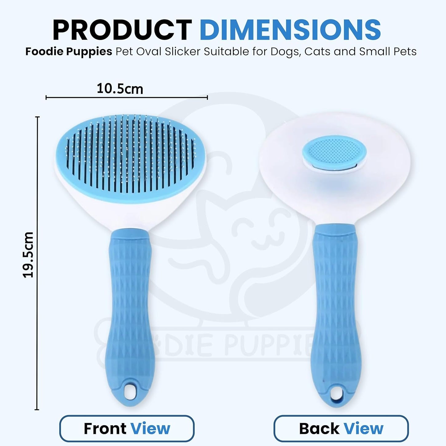 Pet oval slicker brush with dimensions labeled, suitable for dogs, cats, and small pets.