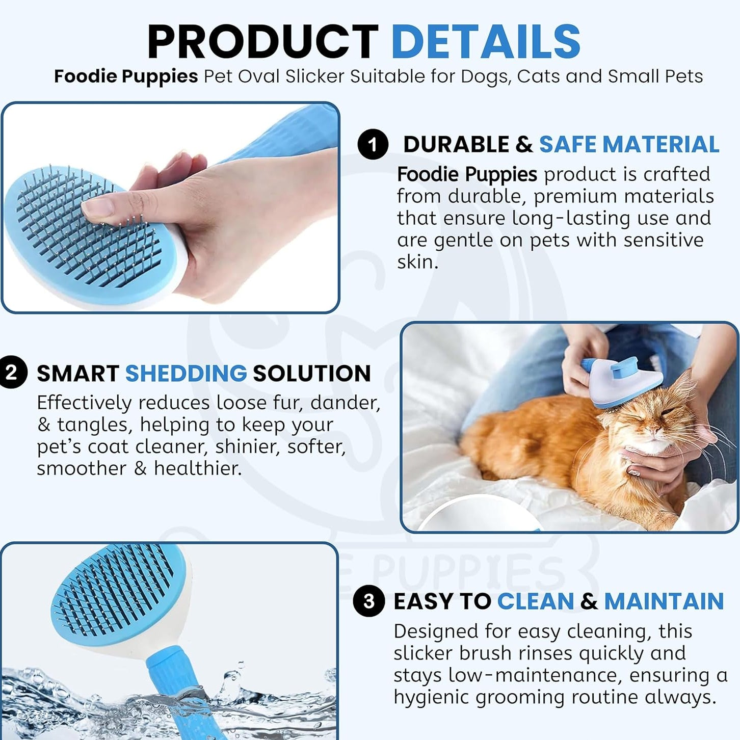 Product details of a pet grooming tool for dogs, cats, and small pets, including durability, smart shedding solution, and ease of cleaning.