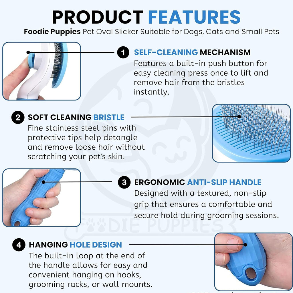 Product features of a pet grooming tool with text and images.