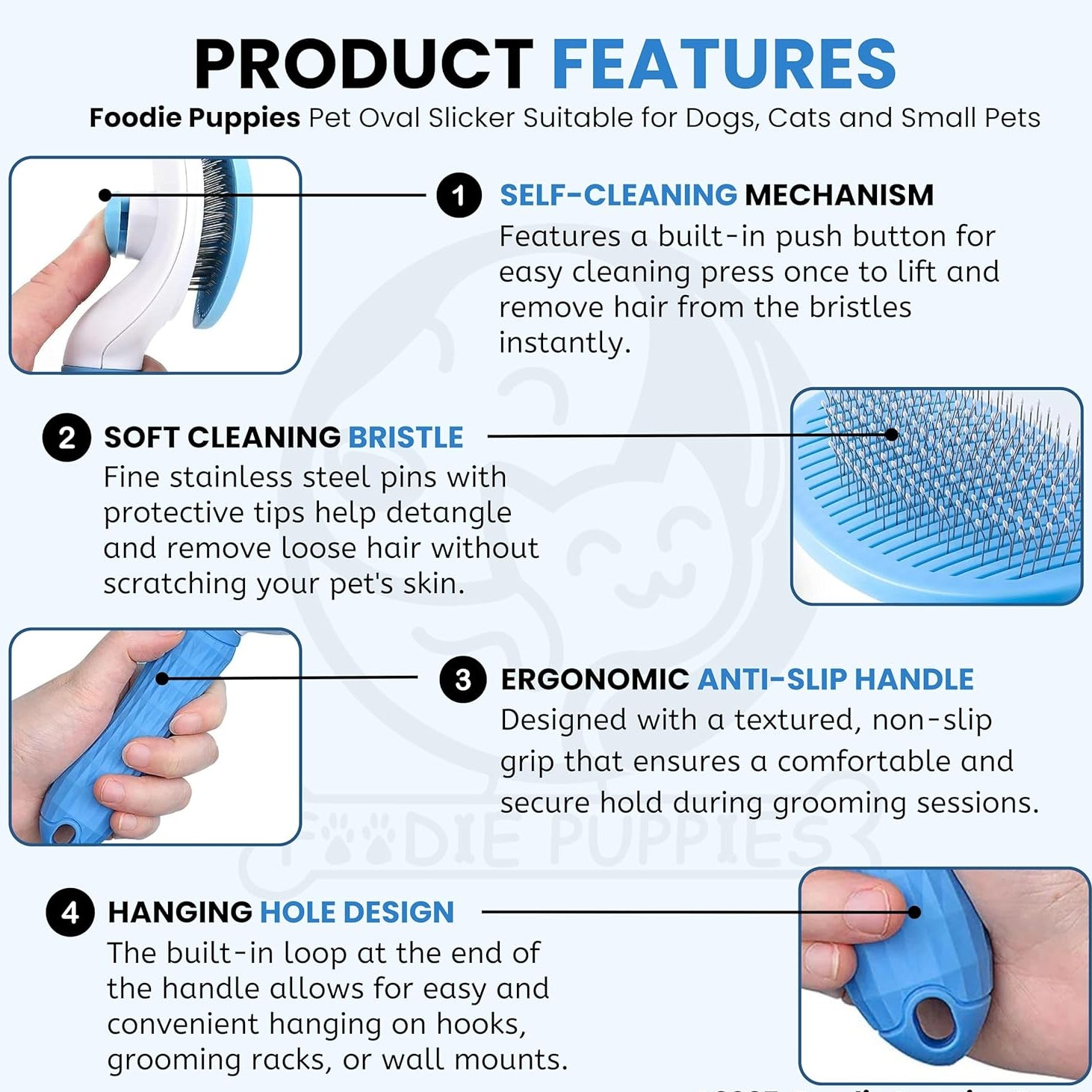 Product features of a pet grooming tool with text and images.