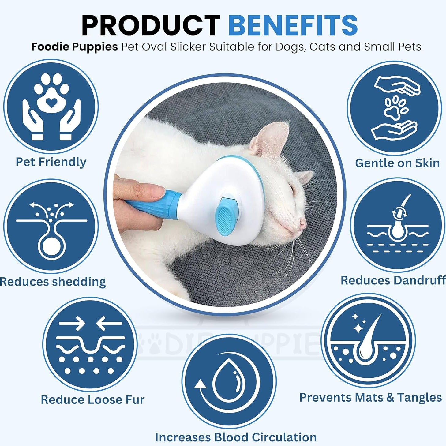 Pet Oval Slicker with a cat using it, surrounded by icons and text highlighting product benefits.