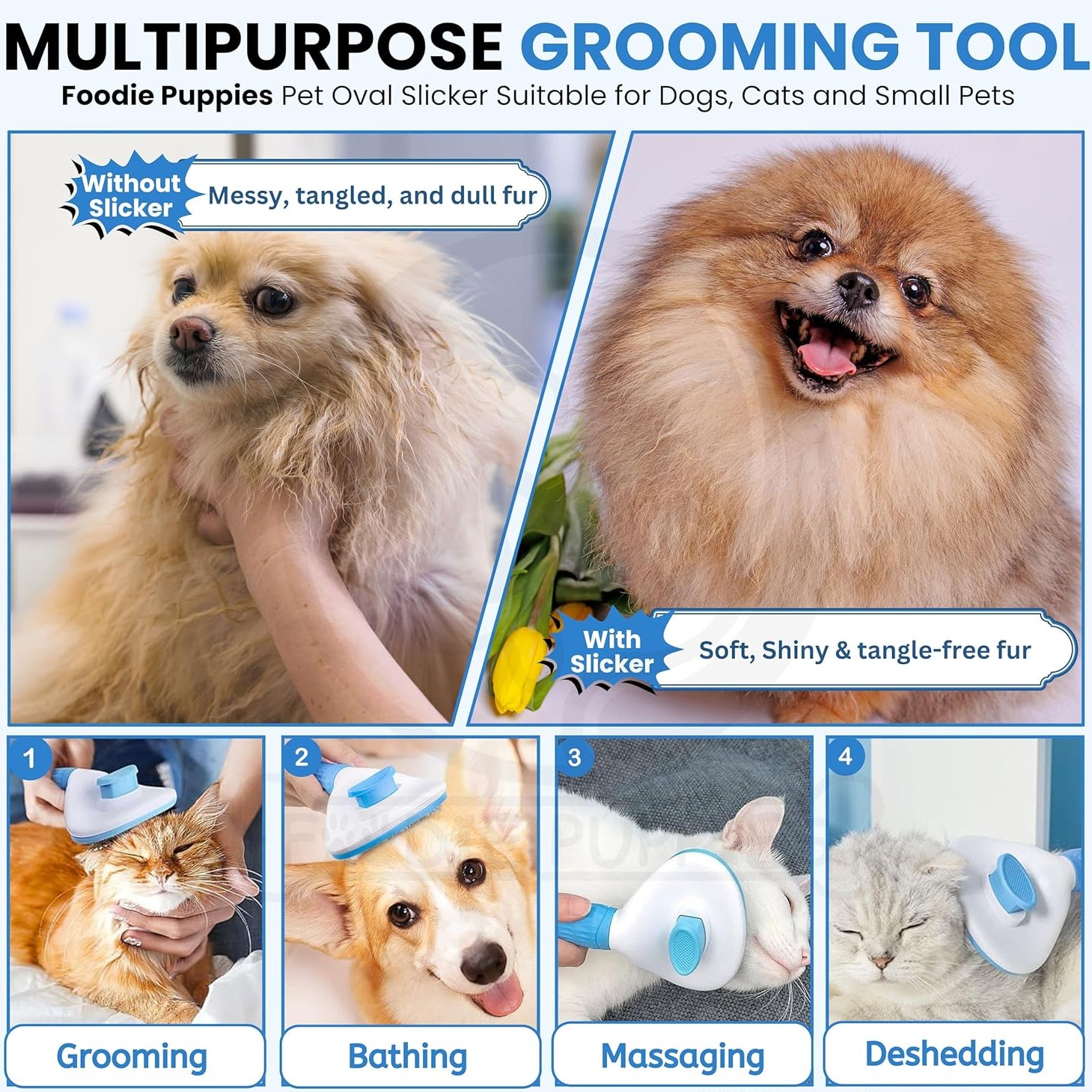 Multifunctional grooming tool for pets with before and after images of a dog, and usage scenarios.