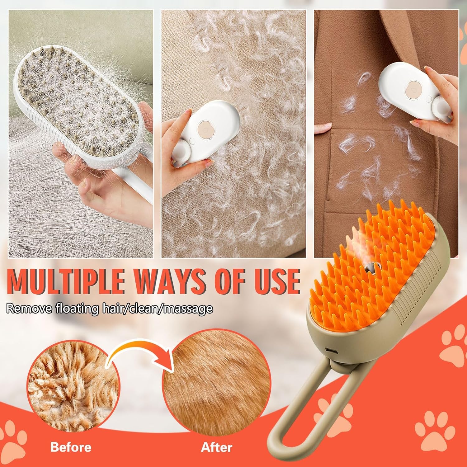 Steam Brush For Pets - Buy 1 Get 1 -  One-Touch Spray Pet Hair Removal Tool 360Rotating Handle