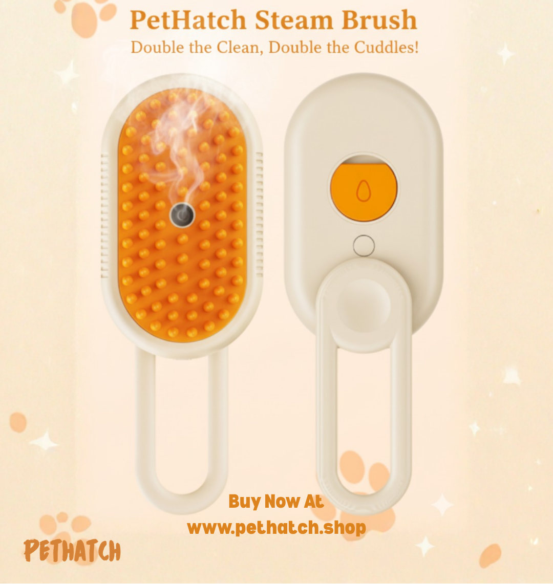 Pet Hatch Steam Brush with promotional text on a beige background